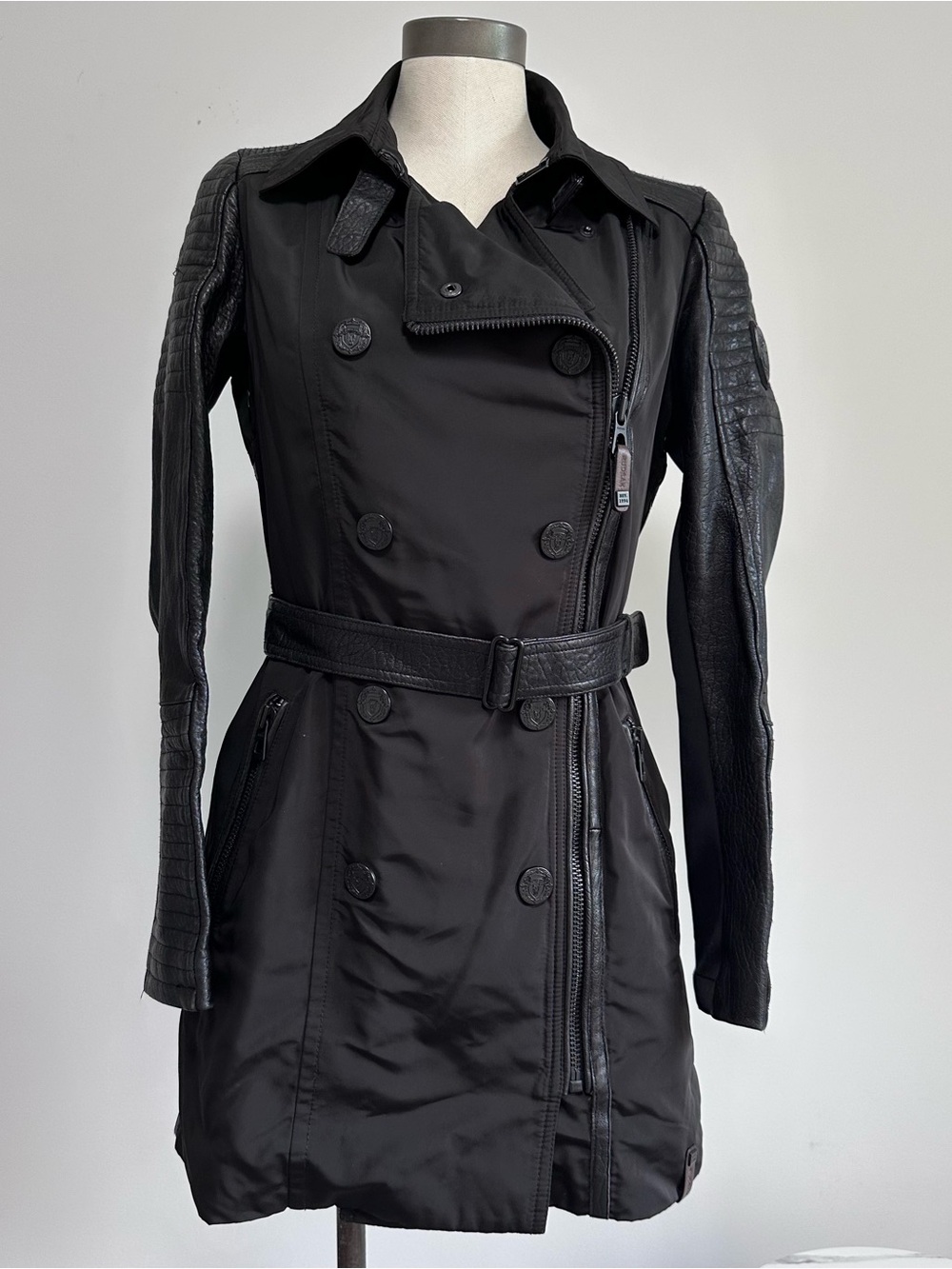RUDSAK - Women’s Black Trench Coat with Quilted Leather Sleeves